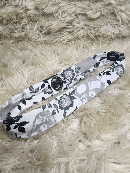 B&W rose skulls thin headband