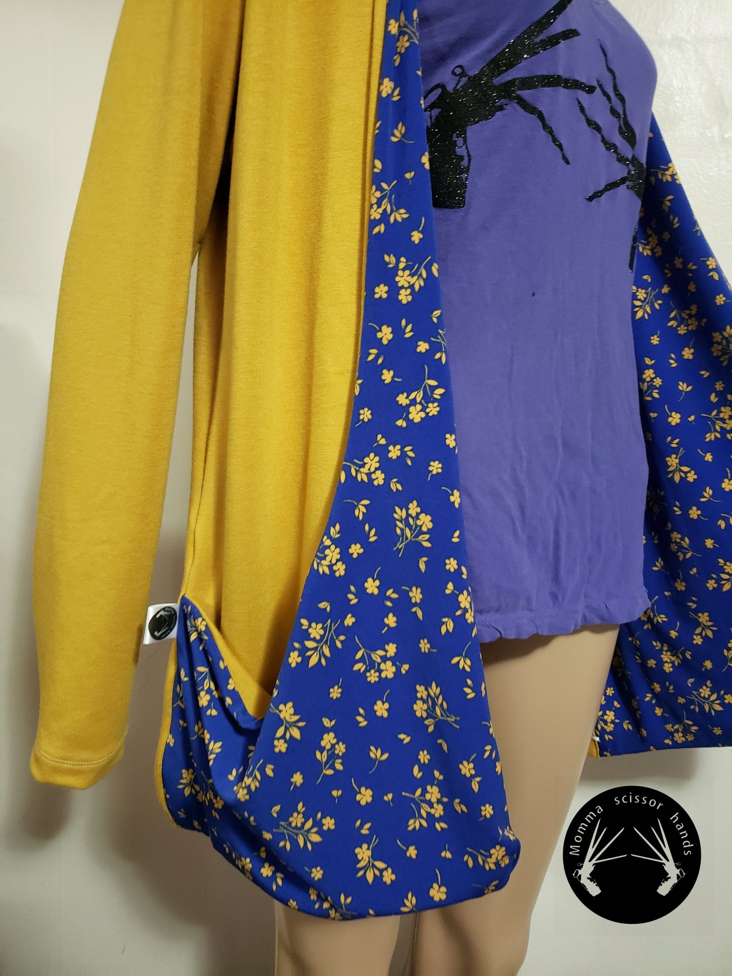 Large mustard cardigan with blue floral pockets